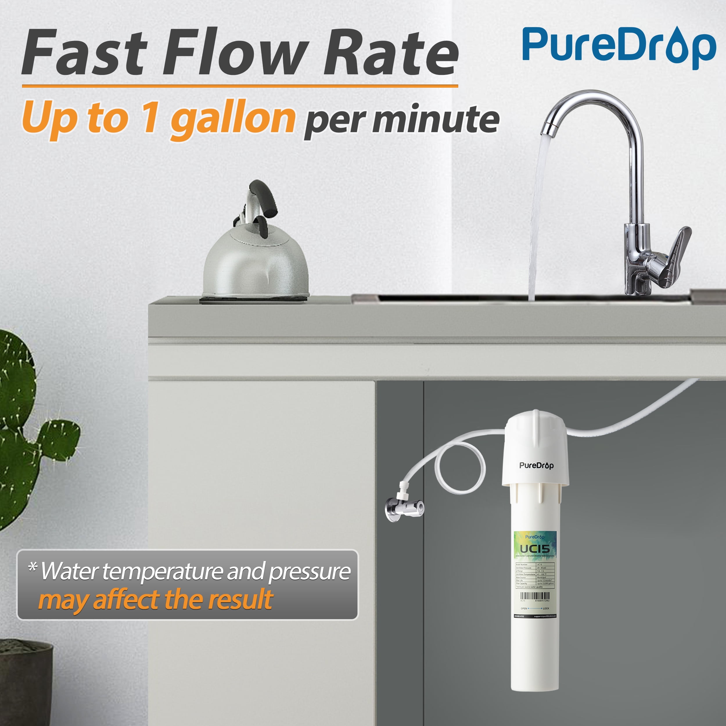 Puredrop UC15 Water Filter Under Sink for Drinking Water, 15K Gallons Capacity Under the Sink Water Filtration System, Kitchen sink water filter Reduces Chlorine,  Odor,  Bad Taste, Heavy Metals, and
