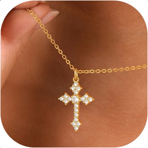 KeyStyle 14K Gold Plated Cubic Zirconia Cross Necklace for Women Cross Faith Pendant Religious Christian Christmas Birthday Jewelry Gifts