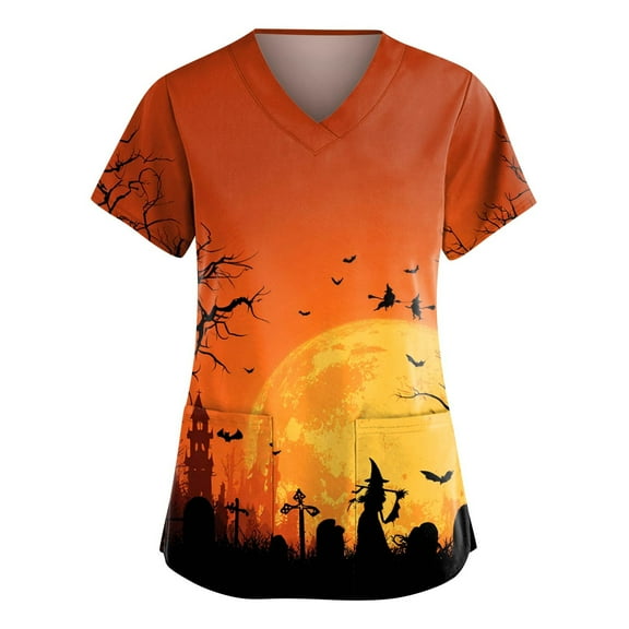 Women's Halloween Scrub Tops Loose Graphic Workwear Scrub Nurse Shirts Short Sleeve V Neck Comfy Fun Tees with Pockets
