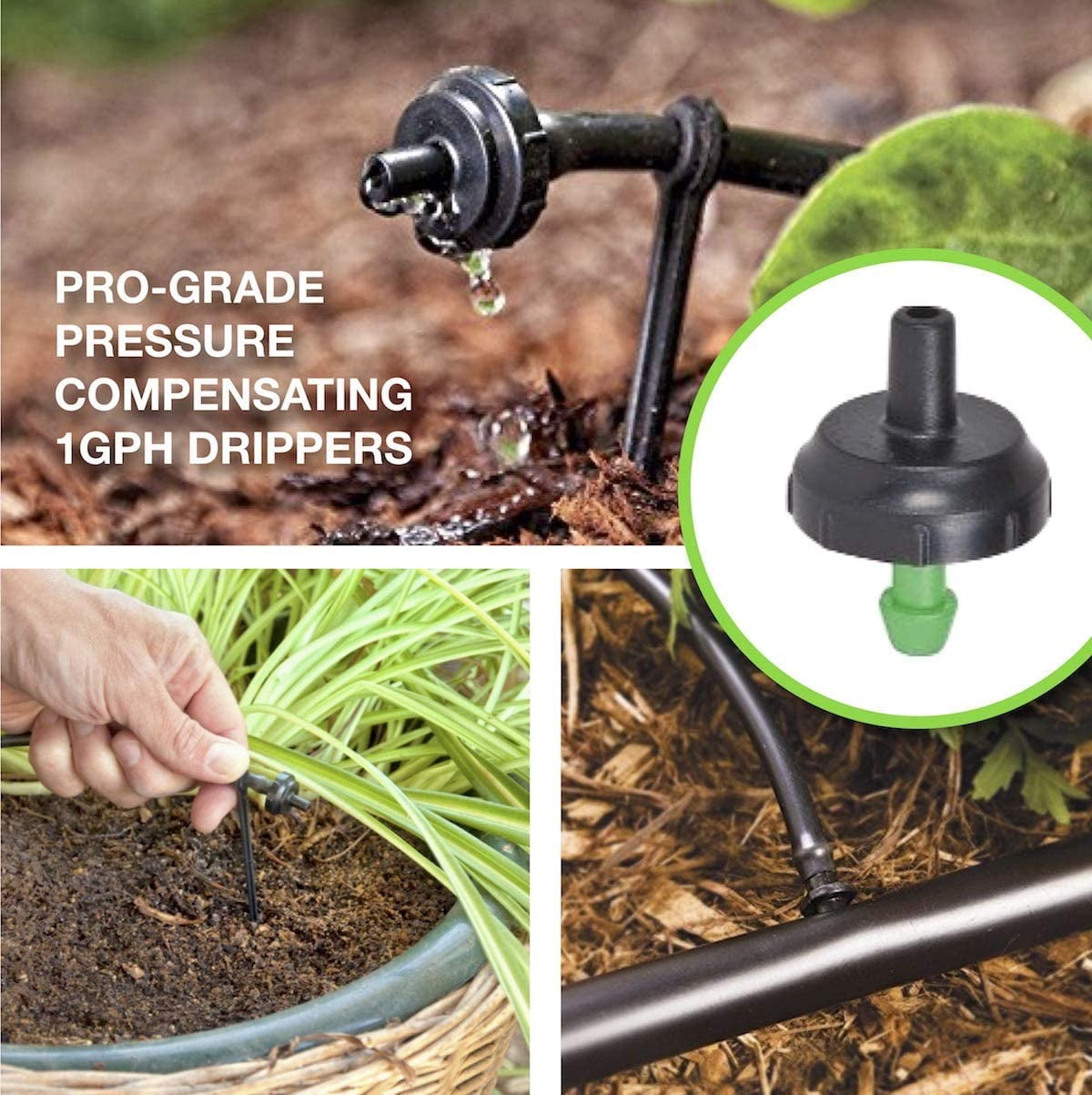 Drip Irrigation 1 GPH PC Button Drip Emitter - Professional Quality Pressure Compensating Barb Dripper (100)