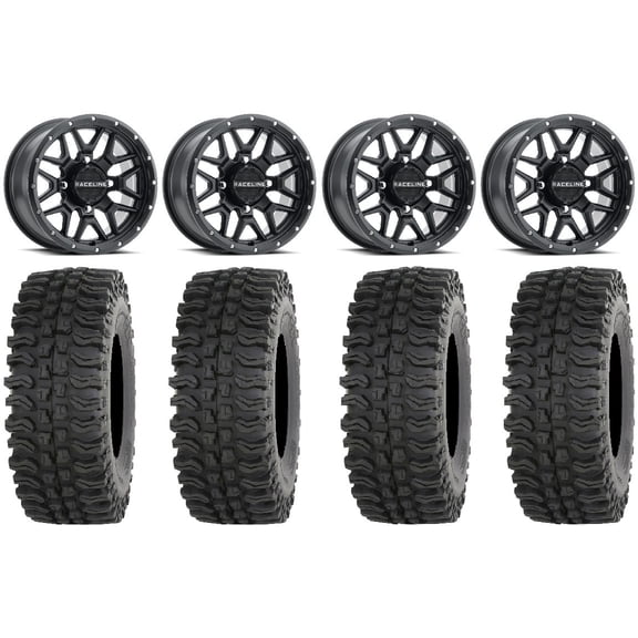Raceline Krank 14" Black Wheels 28" BDC Tires Can-Am Maverick X3 / Honda Pioneer 1000 / Talon