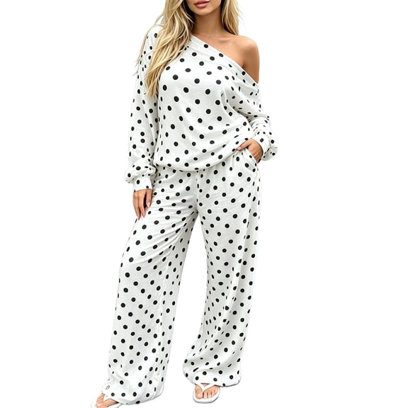 hoksml Women's Polka Dot Two Piece Outfit Off Shoulder Top Wide Leg Pants Casual Lounge Set Comfort