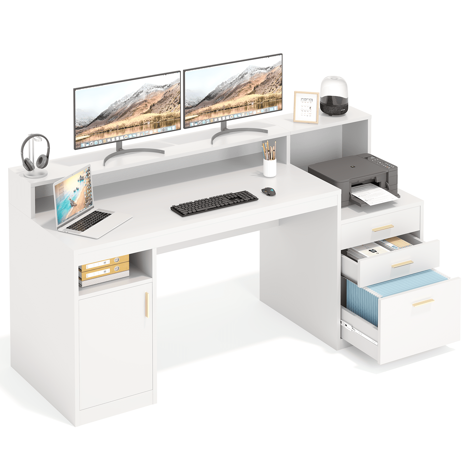 Computer Desk with 3 Drawer & Storage Shelves, Home Office Desk with File Drawer & Cabinet, Writing Study Table with Long Monitor Stand & Printer Shelf, Executive Desk, White
