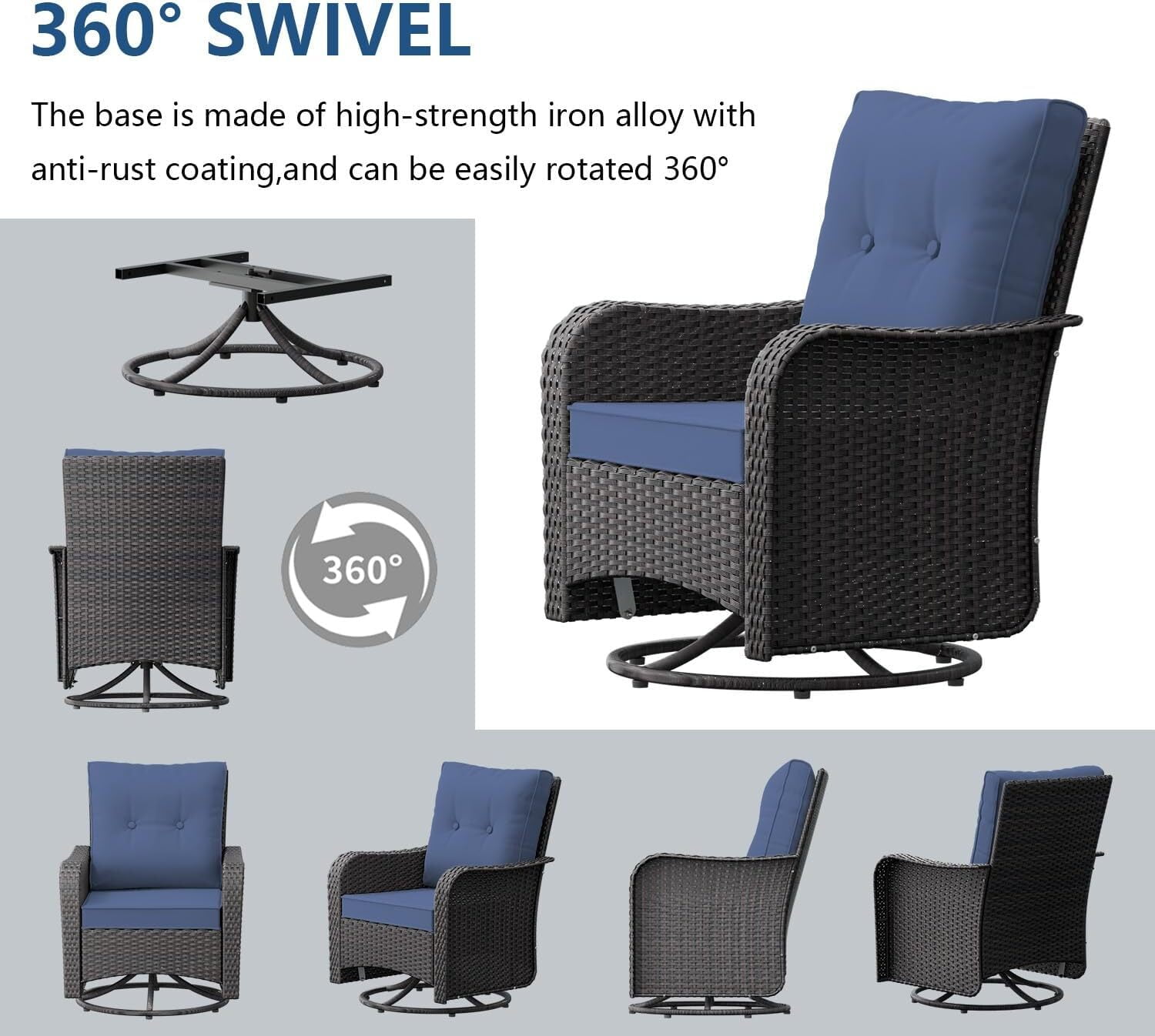 ASJMR 3PCS Patio Wicker Chairs Swivel Rocker with Coffee Table and Cushions, Outdoor Rattan Rocking Chairs for Porch Pool, Navy Blue