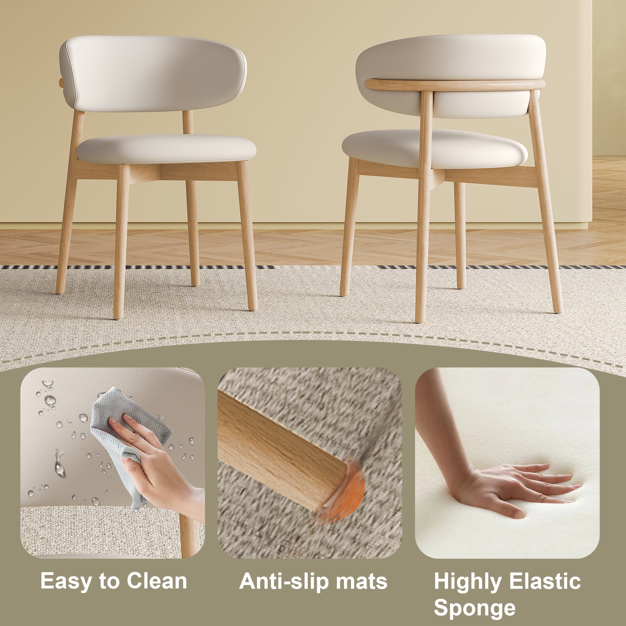 Dining Chairs Set of 2, Modern Faux Leather Dining Wood Legs for Living Kitchen Dining Room (Beige and Wood)