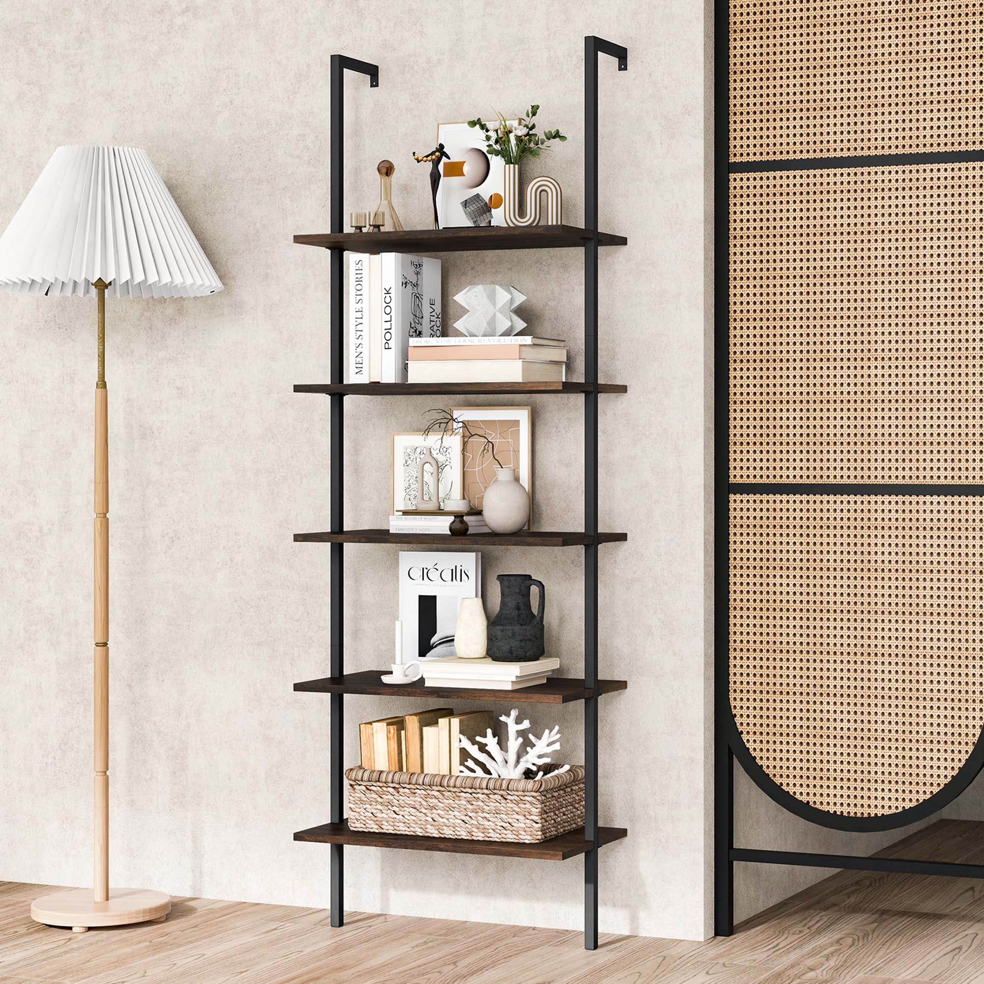 Costway 5 Tier Ladder Shelf 71'' Height Wall-Mounted Bookshelf Display Storage Organizer Brown