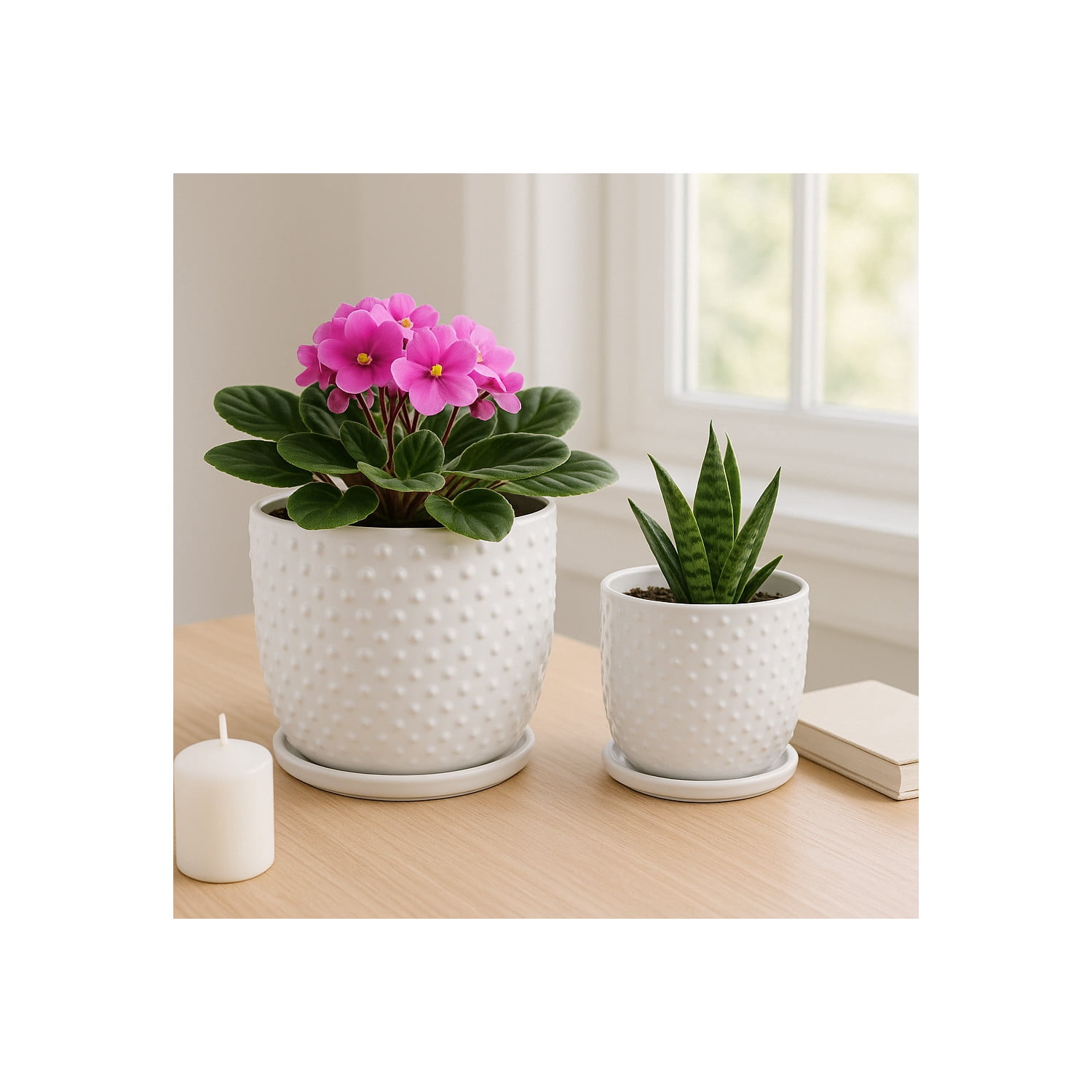 Decorative Ceramic Flower Pots Planters with Saucer - Stylish Modern Indoor and Outdoor Plant Pots for Home Decor - Pots for Plants for Living Room, Patio Plant Stand - Set of 2, 8", 6", White