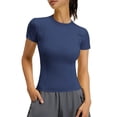 thumbnail image 2 of ASDFVBKG Short Sleeve Workout Tops for Women Slim Fitted Athletic Shirt Compression Tee Dry Fit Yoga Gym Tshirt Comfy Basic Top Navy L, 2 of 4