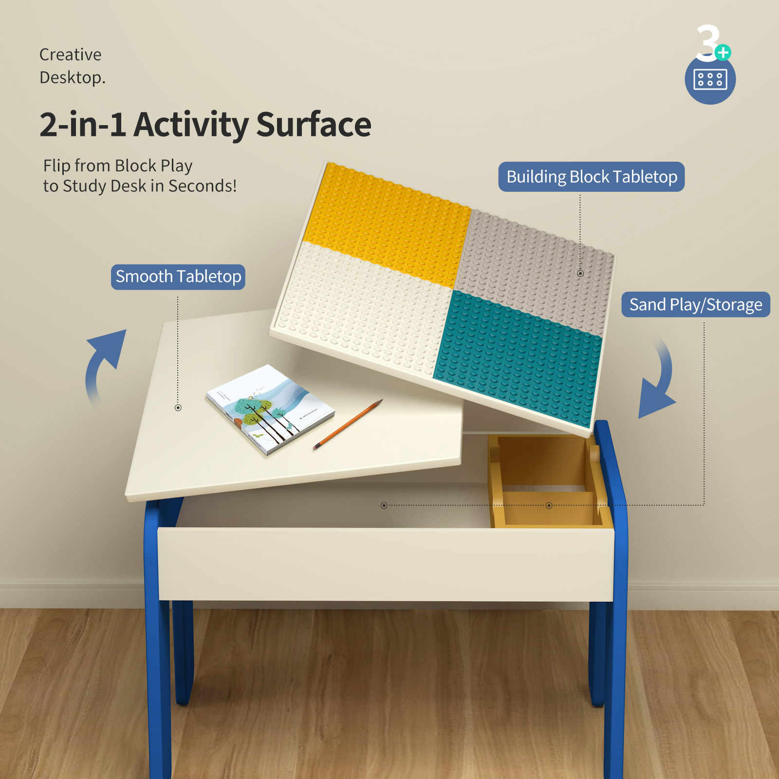 UNICOO® 5-in-1 Kids Sand & Activity Table with Play Sand, Molds & Building Blocks | Sensory Play Table, Study Desk & Storage for Toddlers | Kids Summer Indoor & Outdoor Games (Blue)
