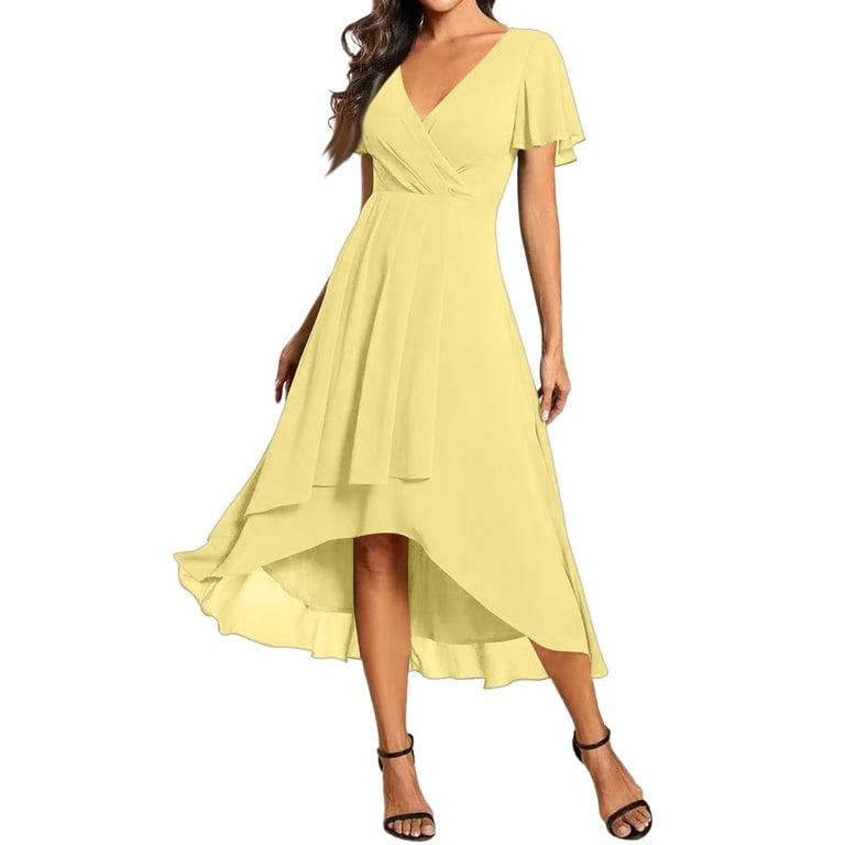 knee length yellow chiffon dress Women's Knee-Length Poly Chiffon Self Design Flared Western Dress Yellow at Amazon Women's Clothing store