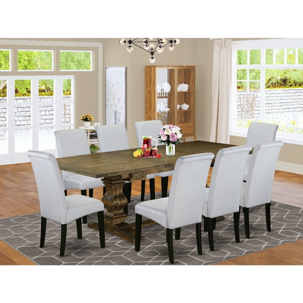 East West Furniture Laba9 71 05 9 Piece Modern Dining Table Set With Chair S Legs And Gray Linen Fabric Chairs Of 8 Rectangular Black Distressed Jacobean Finish Com Gray Linen Fabric Dining Chairs Set, Distressed Gray Kitchen Table Set
