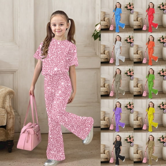 Gaexia Girls 2 Piece Set,Sparkly Girls Casual Outfits Short Sleeve Top With Long Pants for Play and Everyday Wear Fashion Clothes,11-12 Years
