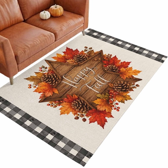 Happy Fall Washable Area Rug 3 x 5 ft Rustic Country Star Maple Leaf Pinecone Gingham Border Soft Non‑Slip Rugs Stain Repellent Indoor Mats for Entry Foyer, Apartment Living Corner Dining Nook