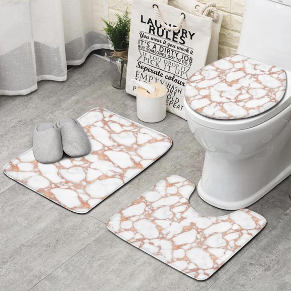 White Marble Rose Gold Line Pattern Bathroom Rugs Sets 3 Piece,Toilet Cover Set,Absorbent Non Slip Bathroom Mats Sets with U-Shaped Contour Rug Toilet Rug Set