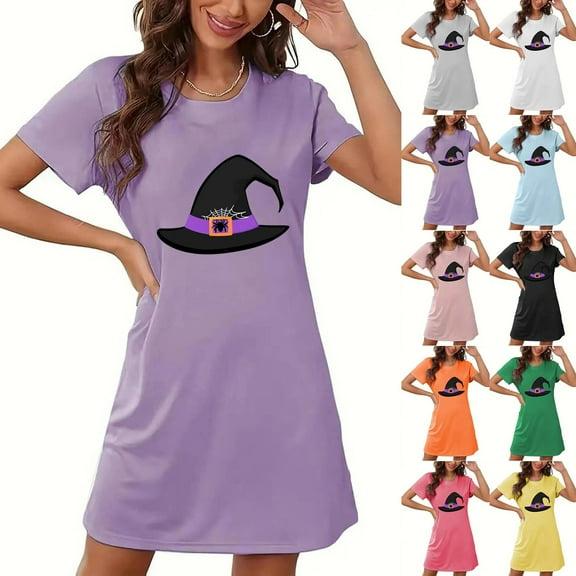 Meichang Womens Halloween Nightgown Pumpkin Print Short Sleeve Sleepdress Sleepwear Crew Neck Mini Nightshirts Loose Fit Halloween Night Gowns