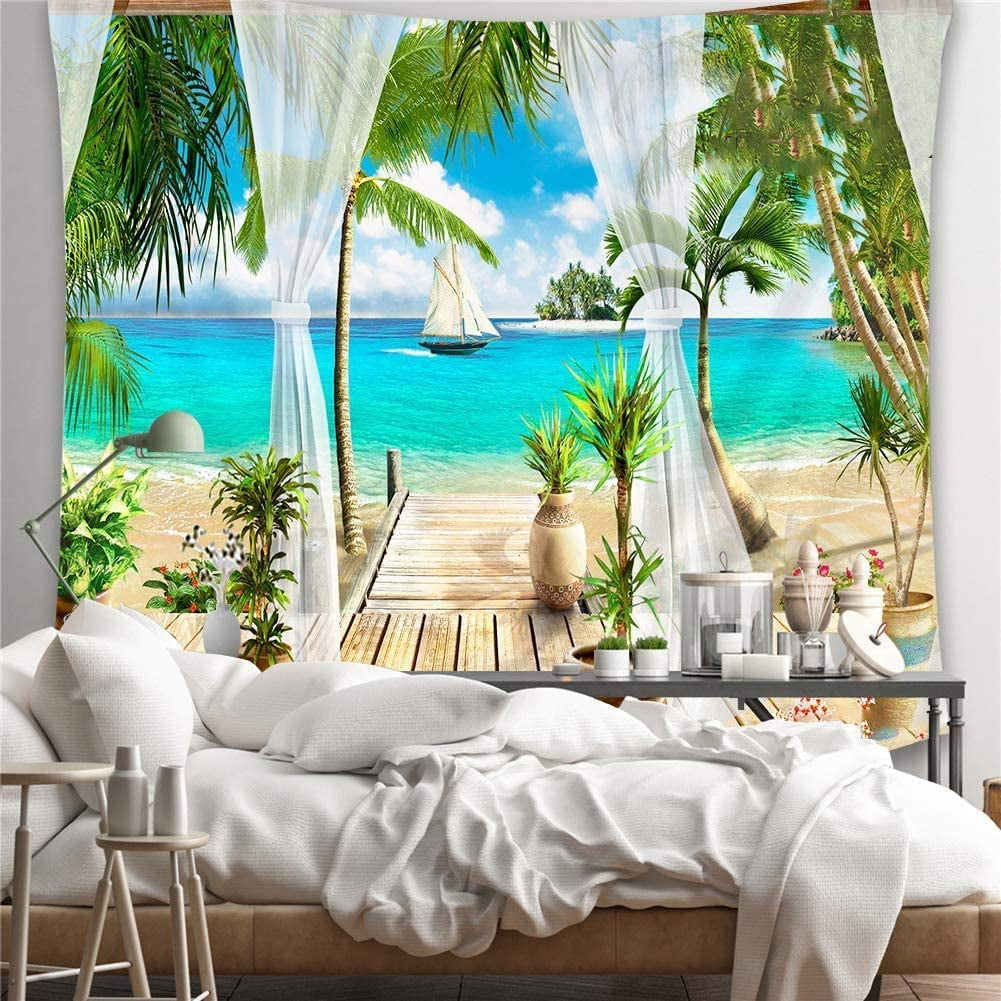 Beach Decor Tapestry Ocean Tropical Island Palm View Balcony Summer Tropical Landscape Wall Hanging Nature Tapestry Bedroom Living Room Dorm