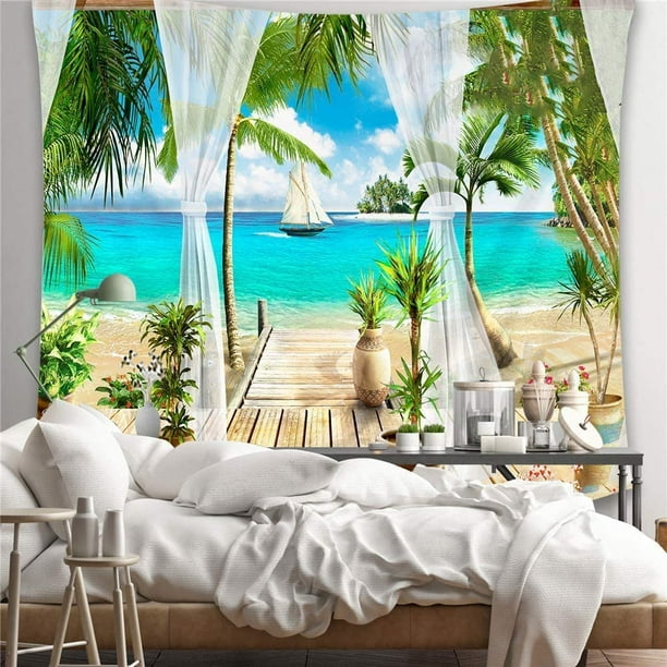 Beach Decor Tapestry, Ocean Tropical Island Palm View Balcony Summer  Tropical Landscape Wall Hanging Nature Tapestry Bedroom Living Room Dorm 