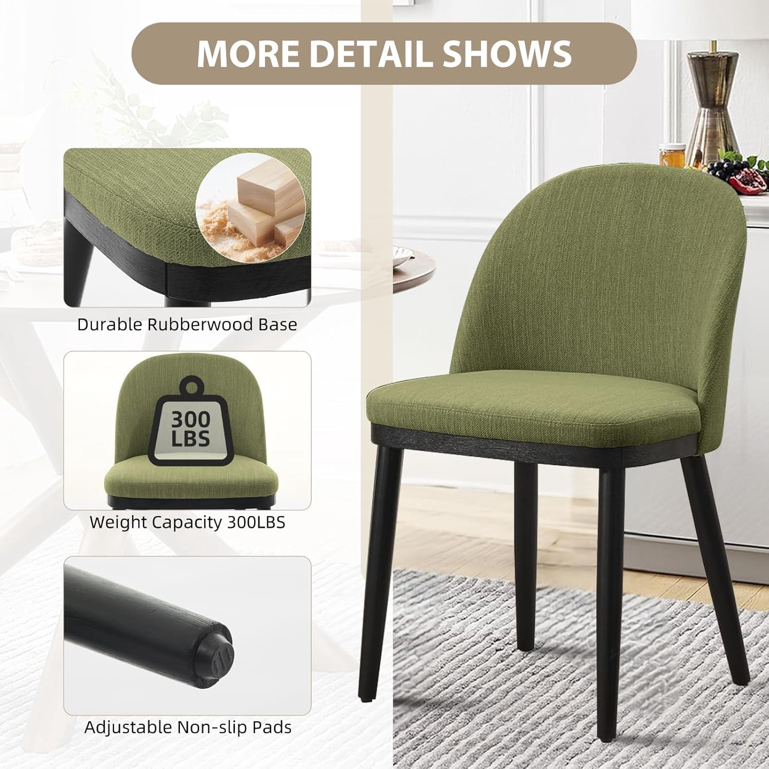GARVEE Upholstered Dining Chairs Set of 6,Mid-Century Modern Dining Chair with Rubberwood Legs,Green