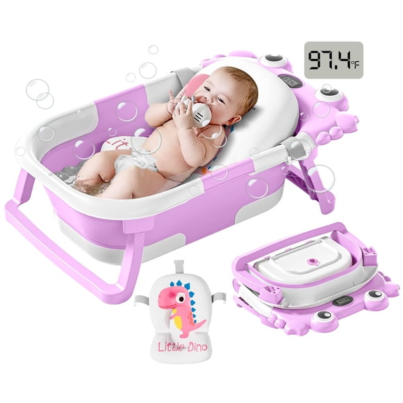 Bañera plegable para bebés y niños pequeños con monitor de temperatura en tiempo real + cojín flotante, set de bañera portátil para viaje, apta para 0 a 36 meses, para recién nacidos y niñas (morado)