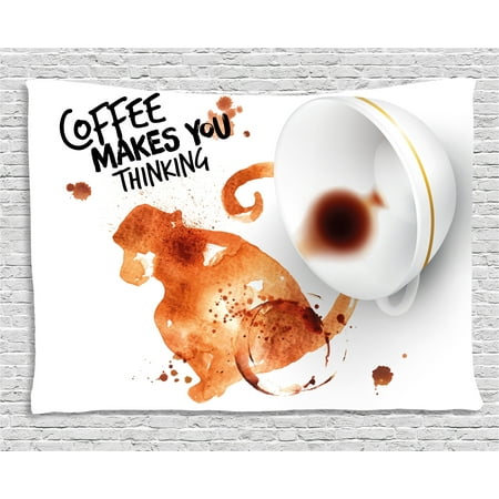 Inverted Hanging (Coffee Art Tapestry, Thinking Monkey Animal with Fun Lettering and Inverted Coffee Cup, Wall Hanging for Bedroom Living Room Dorm Decor, 80W X 60L Inches, Burnt Sienna Black White, by)