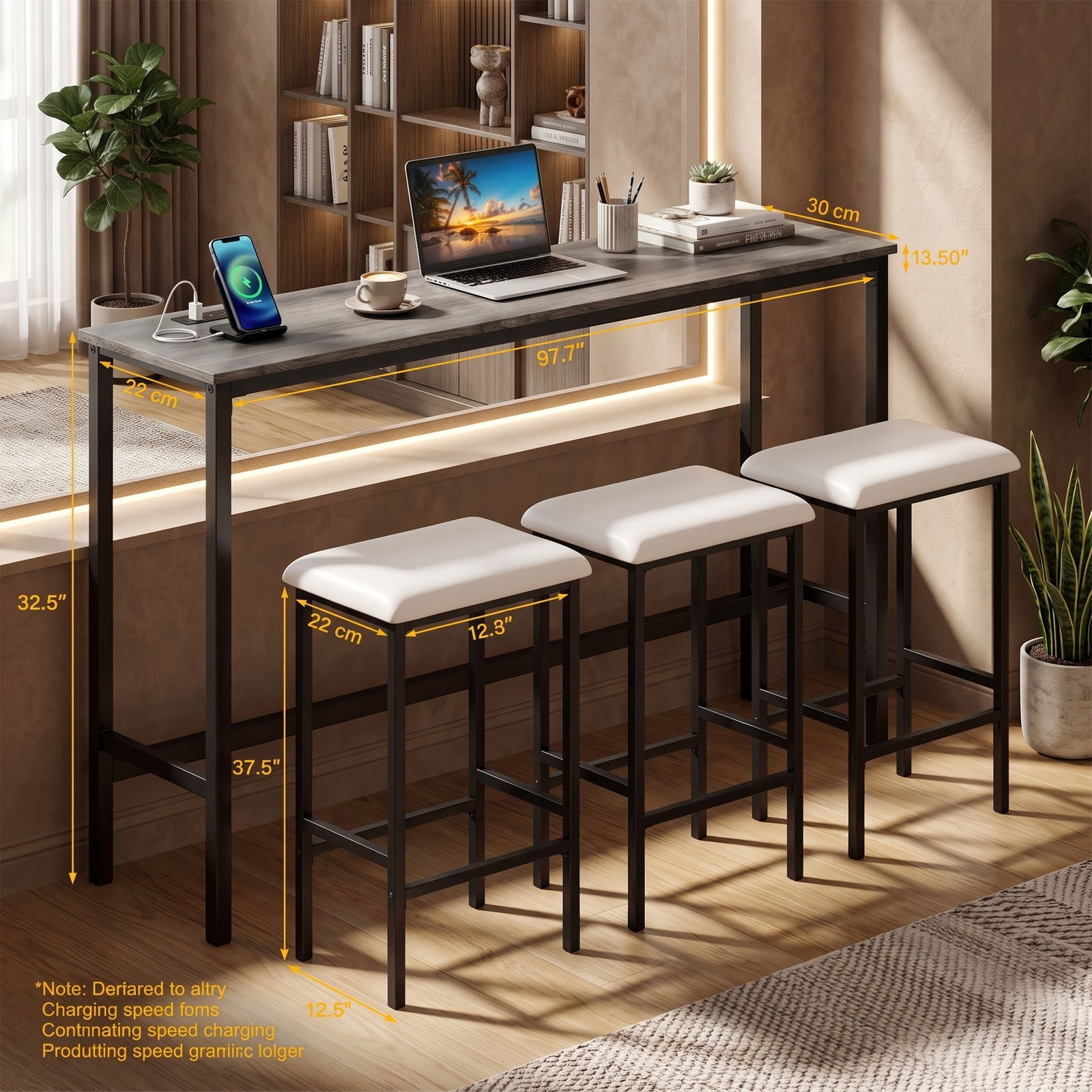 Furnibear 4-Piece Counter Height Bar Table Set with Power Outlet & USB Ports, 60" Pub Dining Table with 3 Padded Backless Stools, Space-Saving Kitchen Breakfast, Gray