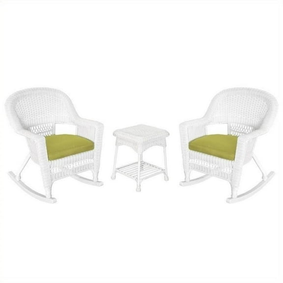 Afuera Living 3pc Rocker Wicker Chair Set in White with Green Cushion