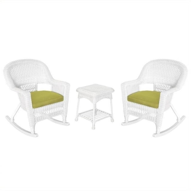 Jeco 3pc Rocker Wicker Chair Set in White with Green Cushion