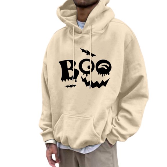 Yuncity Halloween Hoodie Men Letter Print Pullover Sweatshirt Casual Warm Lined Hooded For Fall Winter Comfort Casual Tops Size L Beige