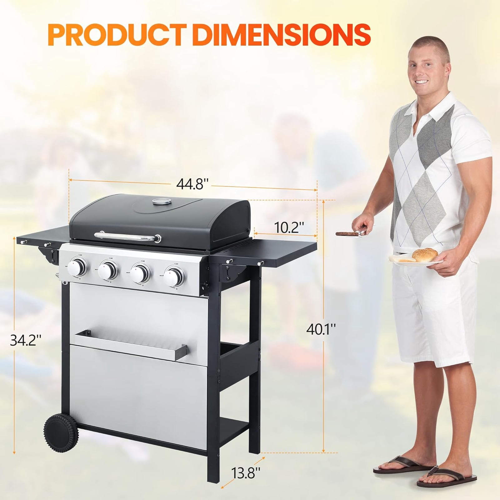 4-Burner Gas Grill, Stainless Steel Propane Grill 2 Foldable Side Tables, 25,650 BTU Outdoor BBQ Grill with Wheels, Built-in Thermometer for Backyard, Garden, Camping
