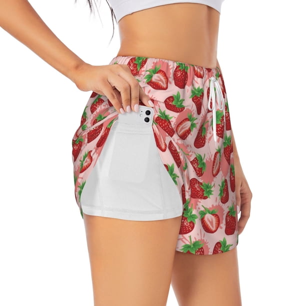 Balery Cute Strawberry Pantalones cortos deportivos para mujer con forro y dos bolsillos, elásticos, para entrenamiento, gimnasio, yoga-Small