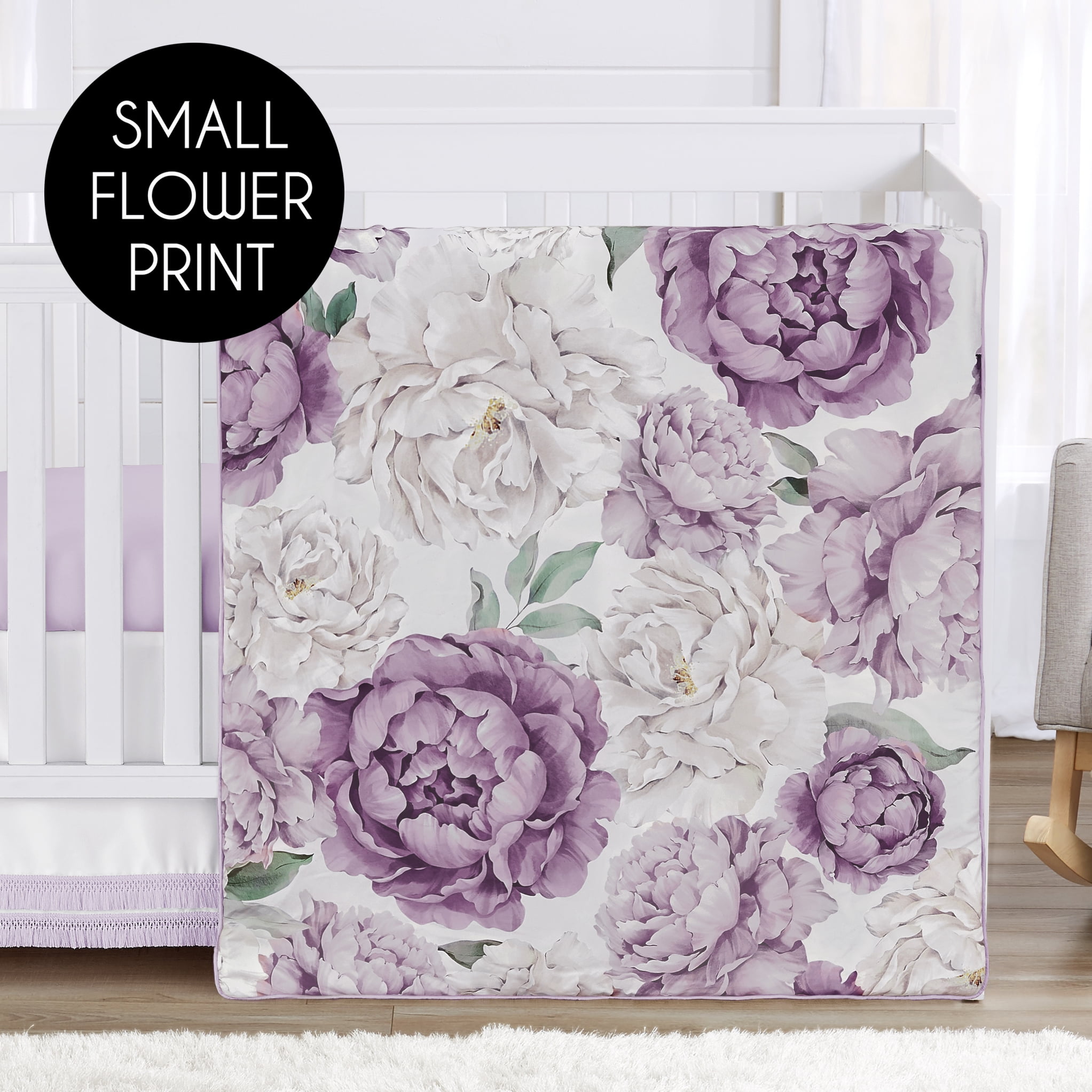Sweet Jojo Designs Peony Floral Garden Purple Ivory 4 Piece Crib Bedding Set