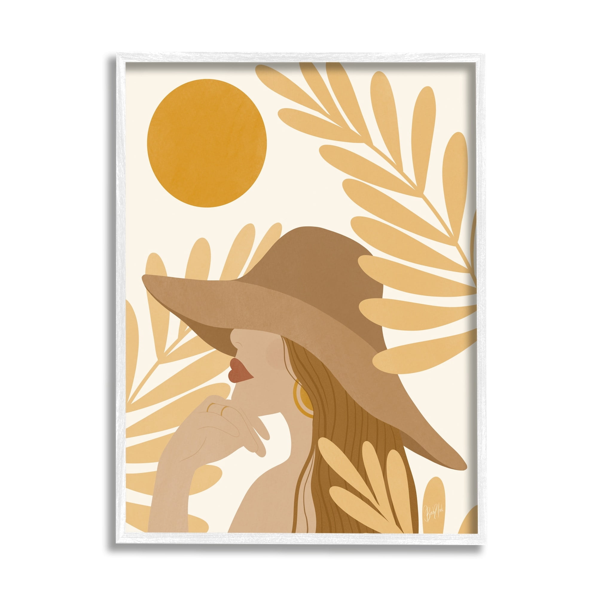 Stupell Industries Woman in Hat Warm Yellow Cutout Leaf Shapes Graphic Art White Framed Art Print Wall Art, Design by Birch&Ink