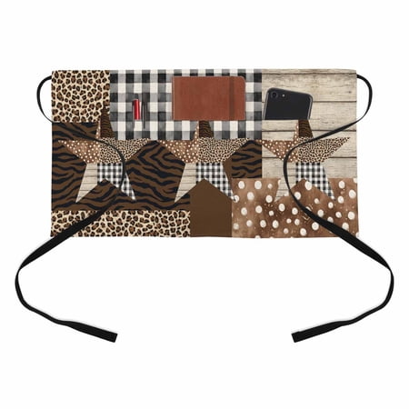Western Texas Star Kitchen Restaurant Half Waist Apron, Black White Buffalo Check Leopard Brown Server Short Apron with 3 Pockets Waterproof Oil Waist Aprons for Women Waitress Waiter