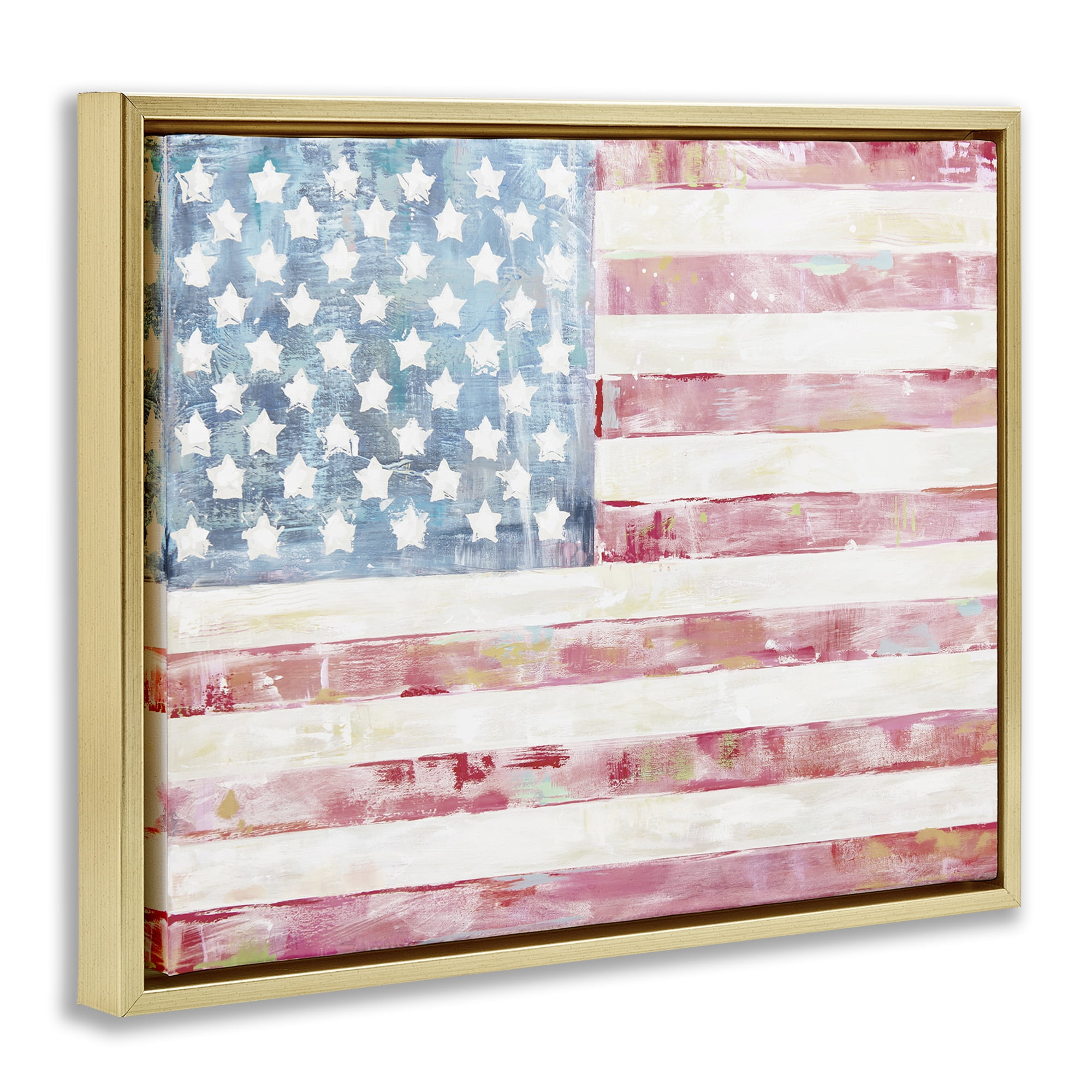 Stupell Industries Patriotic Brushed Flag Town & City Painting Gold Floater Framed Canvas Art Print Wall Art, 31 x 25