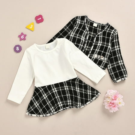 

cllios Toddler Kids Baby Girls Plaid Skirt Set Long Sleeve Jacket Coat Top Party Dress