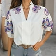 thumbnail image 4 of Puff Sleeve Tops Womens Embroidered Flower Pattern Short Sleeve V Neck Dressy Casual Shirt Summer Boho Clothes (XL, Purple), 4 of 7