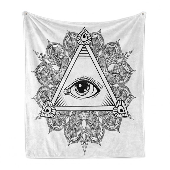 Eye Soft Flannel Fleece Throw Blanket, Vintage All Seeing Motif Tattoo Boho Mandala Providence Occultism, Cozy Plush for Indoor and Outdoor Use, 60" x 80", Black White, by Ambesonne