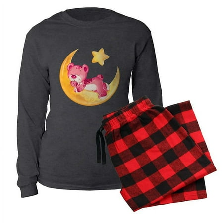 

CafePress - Pink Sleepy Teddy On M - Women s Long Sleeve Charcoal Gray Pajamas