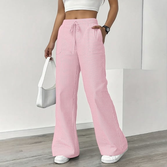 ITSAME Wide Leg Pants for Women, Elastic Waist Loose Fit Striped Print Summer Casual Pants with Pockets Pink Size M