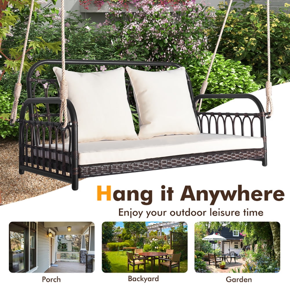Aimee Lii 880LBS Wicker Hanging Porch Swing with Cushions, Swing Chair Outdoor, White Aimee Lii 880LBS Wicker Hanging Porch Swing with Cushions, Swing Chair Outdoor, White