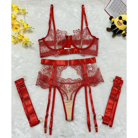 Generic New Embroidery Sexy Lingerie Embroidery Eyelash Lace See-through Sexy Four-Piece Set