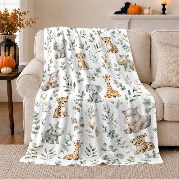 Baby Safari Animals Jungle Nursery, Playful Artistic Scene, Warm Flannel Blanket for Cabin and Lodge with Detailed Artwork, Wildlife Lovers Appreciation Gift, Artistic Home Decor