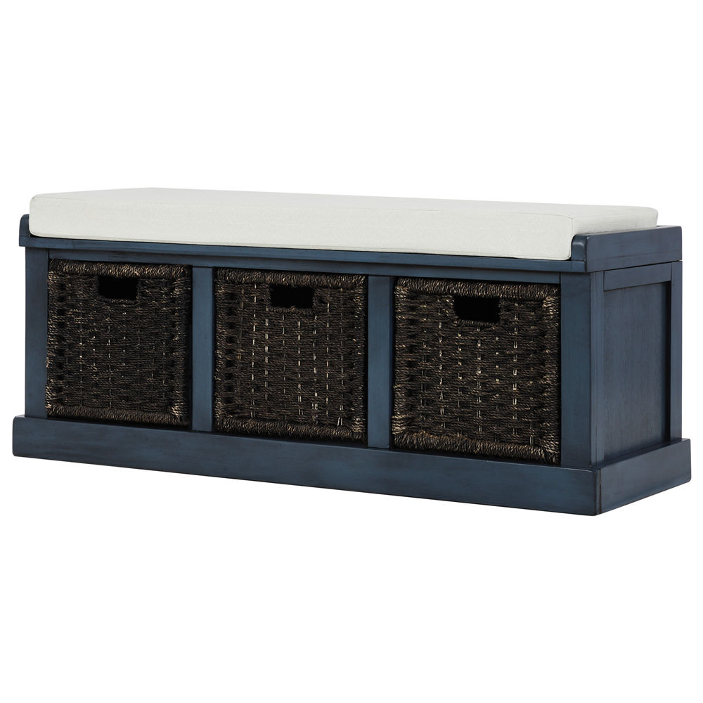 3 Cube Storage Bench Wooden Sofa Seat Bench with 3 Wicker Baskets