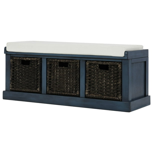 3 Cube Storage Bench Wooden Sofa Seat Bench with 3 Wicker Baskets Removable Cushion Organizer