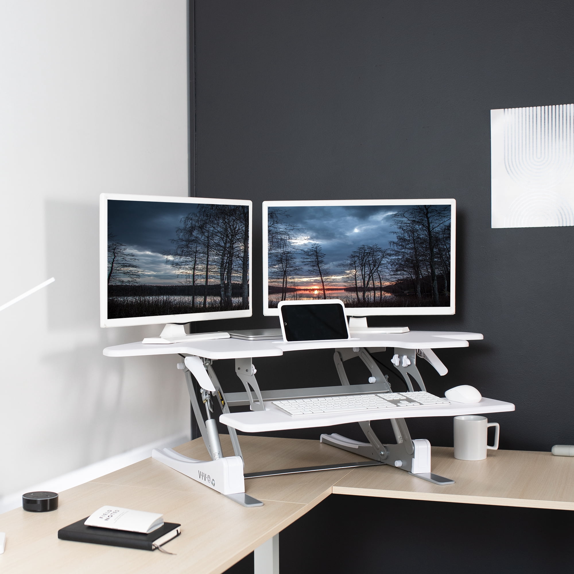 VIVO White Corner Height Adjustable Cubicle Sit to Standing Tabletop Desk Riser