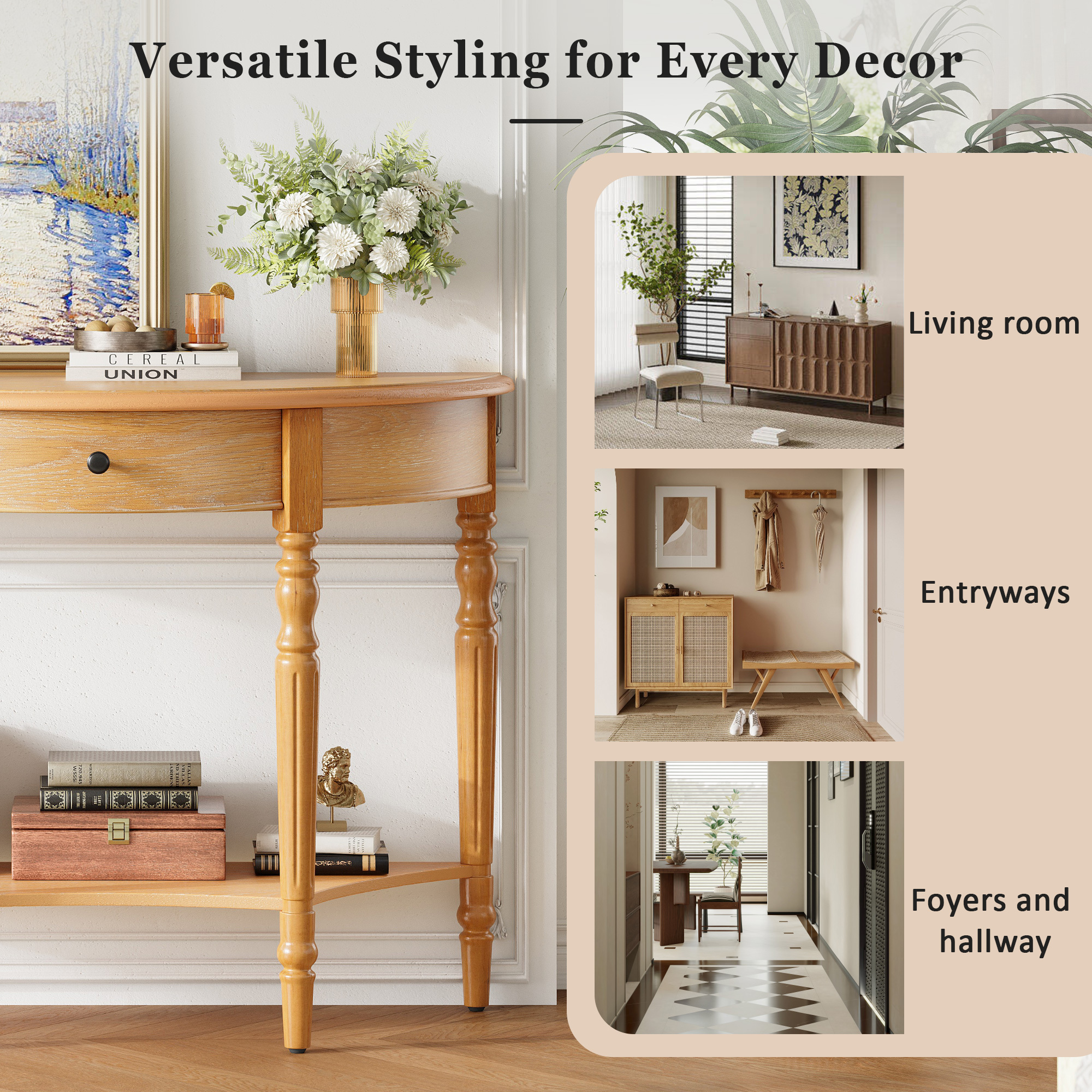 Euroco Farmhouse Half Moon Console Table, Narrow Sofa Table with Storage Shelf & 1 Drawer ,Wood Entryway Table Accent Table for Living Room, Hallway and Foyer,Natural