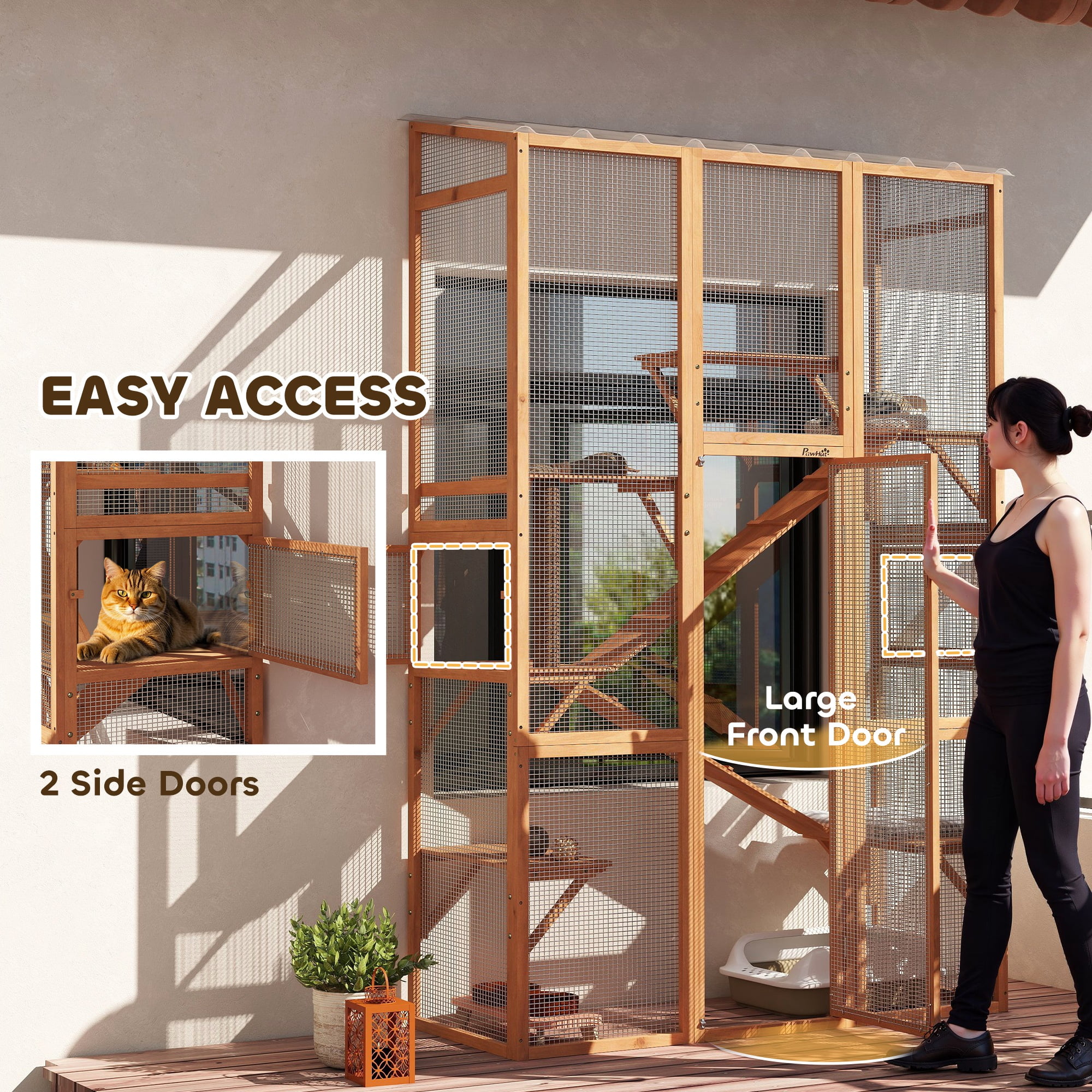 PawHut Outdoor Catio Cat Enclosure, Large Wooden Cat House with 6 Jumping Platforms, Scratching Post, 2 Ramps, Waterproof Roof, for 2-3 Kittens