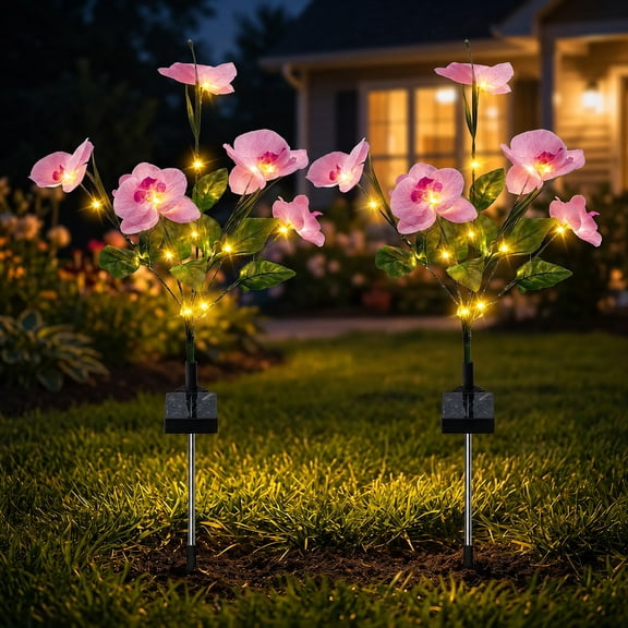 Rirool Solar Orchid Flower Garden Stake Lights, 7 Heads Warm White Solar Lights Outdoor Waterproof, Decorative Lights for Yard Lawn Patio Pathway, Pink 2 Pack