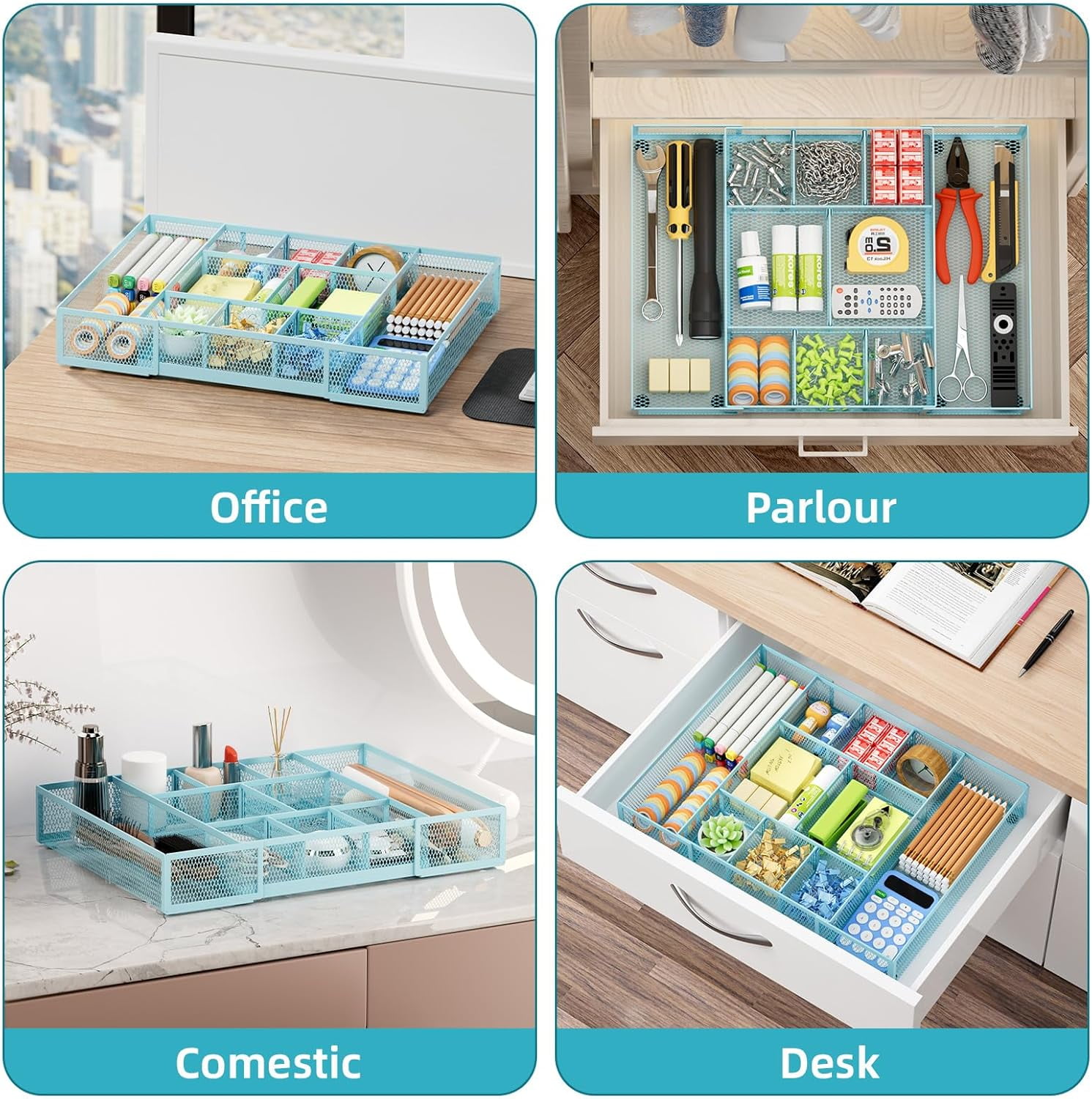 Expandable Desk Drawer Organizer, Mesh Drawer Organizer Tray with 10 Adjustable Compartments, Desk Organizers and Accessories for Office Supplies, Makeup & Vanity (Expandable-Blue 2 pack)