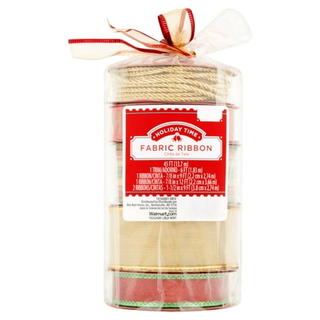 Holiday Time Season Ribbon Trim Tower - 5 Fabric Ribbons Green Red Gold